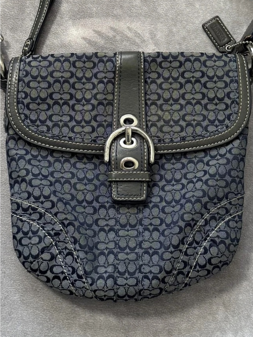 Coach Blue Signature Jacquard Crossbody with Black Leather Trim